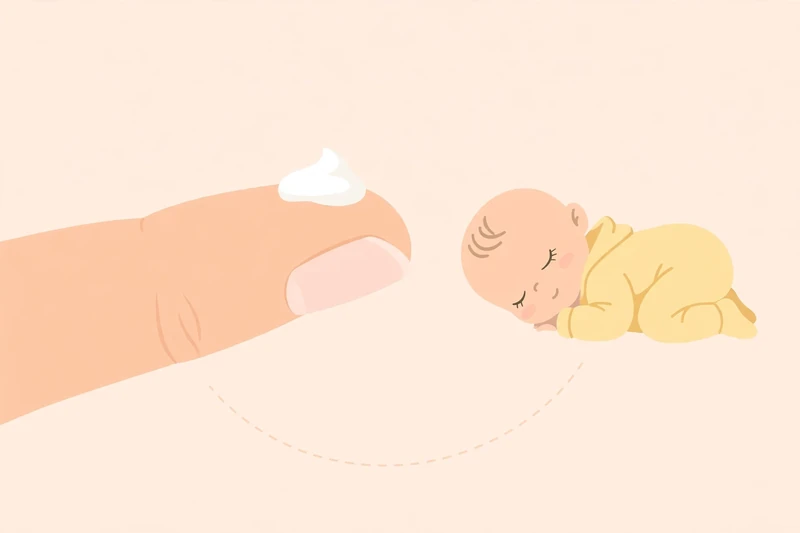 Illustration showing a pea-sized amount of lotion on a fingertip next to a baby