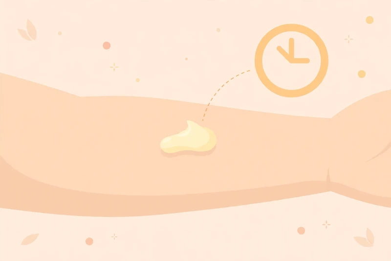 Illustration showing how to do a patch test with a small dab of lotion on a baby's inner forearm